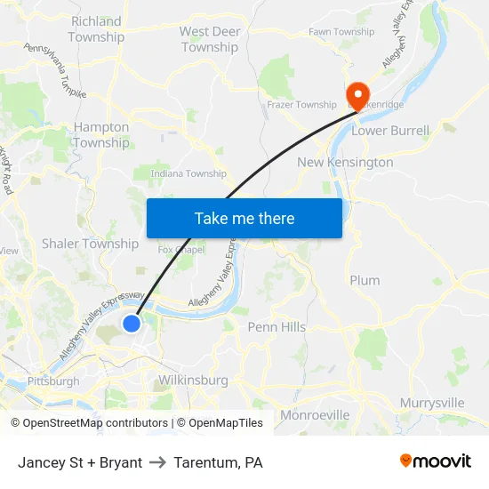 Jancey St + Bryant to Tarentum, PA map