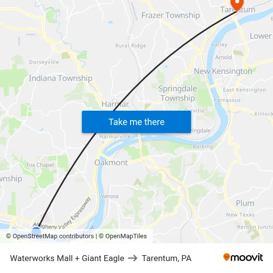 Waterworks Mall + Giant Eagle to Tarentum, PA map