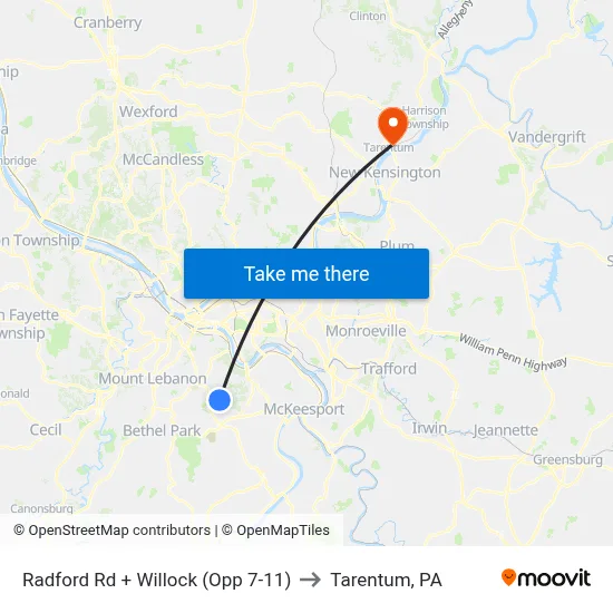 Radford Rd + Willock (Opp 7-11) to Tarentum, PA map
