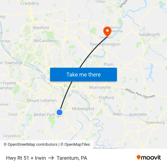 Hwy Rt 51 + Irwin to Tarentum, PA map