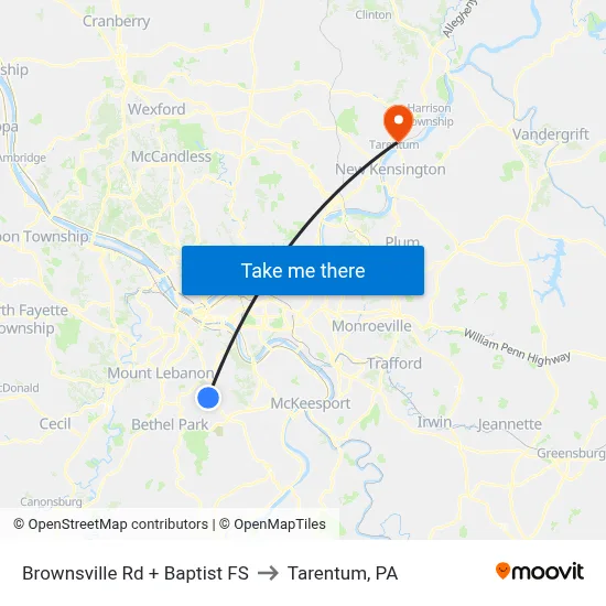 Brownsville Rd + Baptist FS to Tarentum, PA map