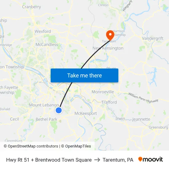 Hwy Rt 51 + Brentwood Town Square to Tarentum, PA map
