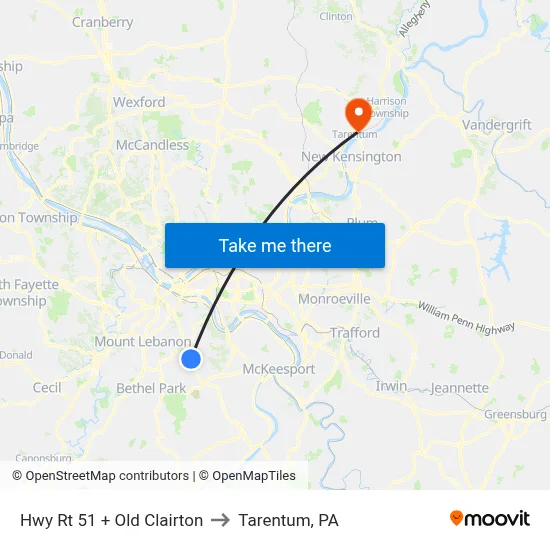 Hwy Rt 51 + Old Clairton to Tarentum, PA map