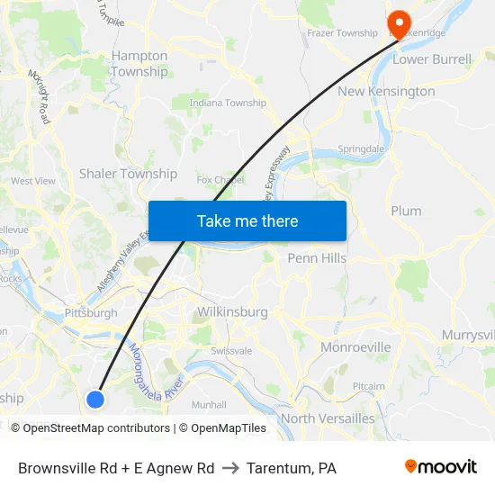 Brownsville Rd + E Agnew Rd to Tarentum, PA map
