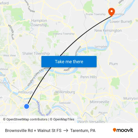 Brownsville Rd + Walnut St FS to Tarentum, PA map
