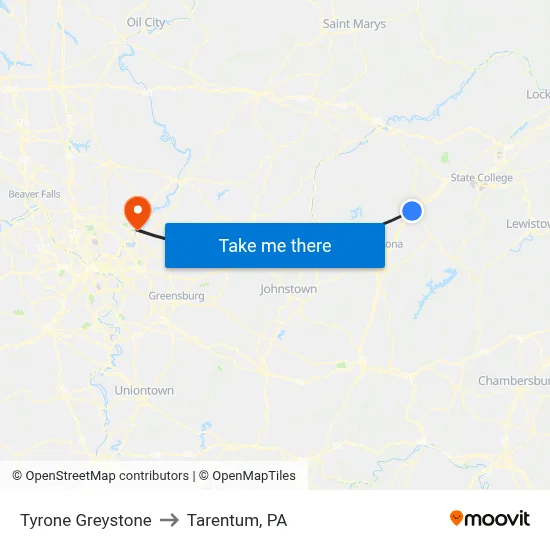 Tyrone Greystone to Tarentum, PA map