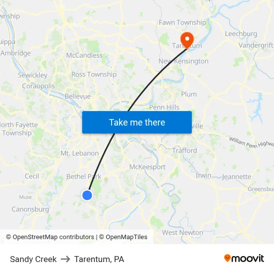 Sandy Creek to Tarentum, PA map