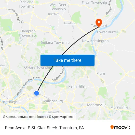 Penn Ave at S St. Clair St to Tarentum, PA map