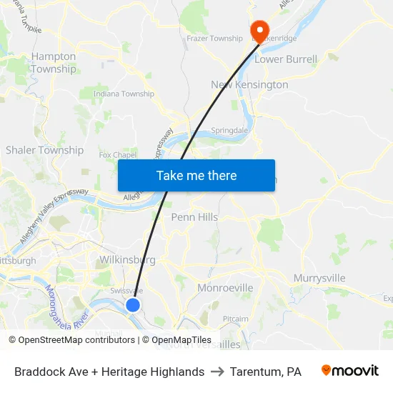 Braddock Ave + Heritage Highlands to Tarentum, PA map