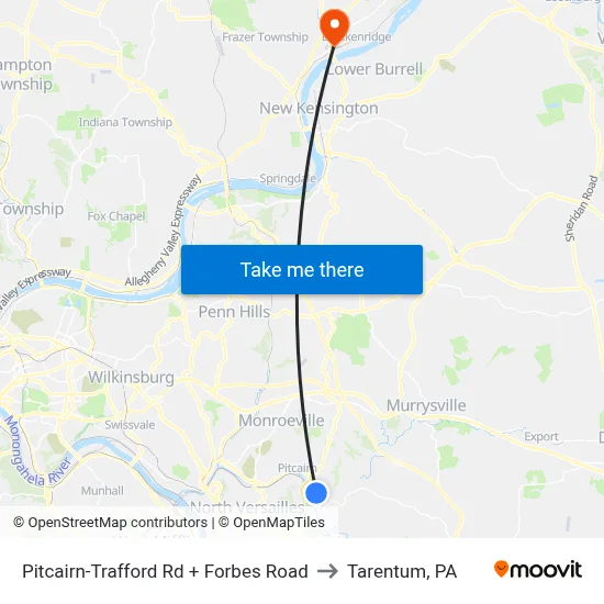 Pitcairn-Trafford Rd + Forbes Road to Tarentum, PA map
