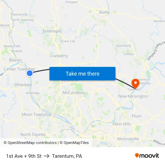 1st Ave + 9th St to Tarentum, PA map