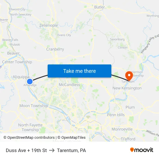 Duss Ave + 19th St to Tarentum, PA map