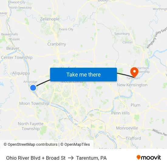 Ohio River Blvd + Broad St to Tarentum, PA map