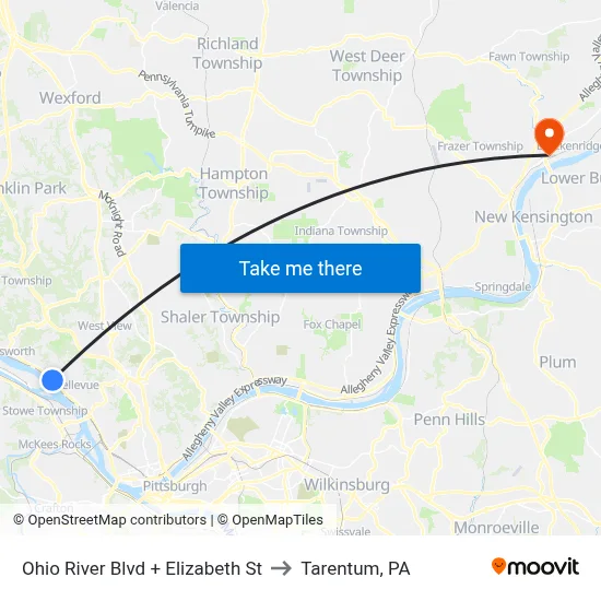Ohio River Blvd + Elizabeth St to Tarentum, PA map