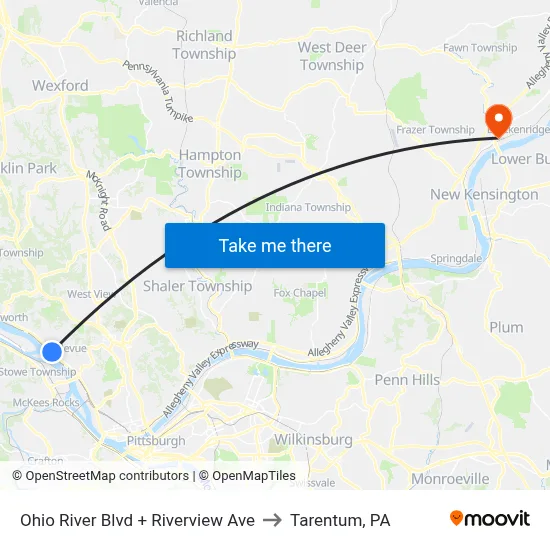Ohio River Blvd + Riverview Ave to Tarentum, PA map
