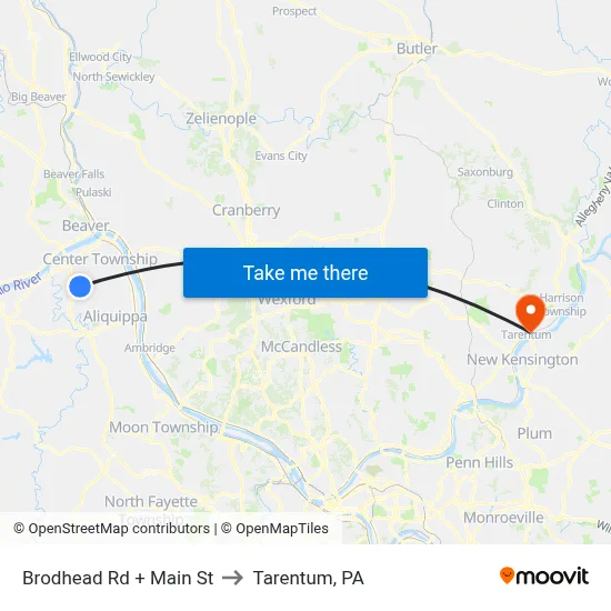 Brodhead Rd + Main St to Tarentum, PA map