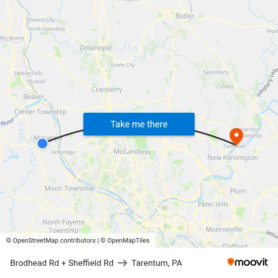Brodhead Rd + Sheffield Rd to Tarentum, PA map