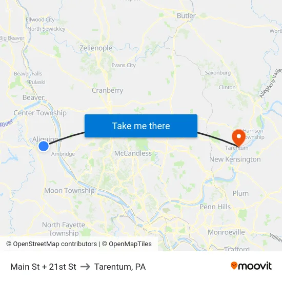 Main St + 21st St to Tarentum, PA map