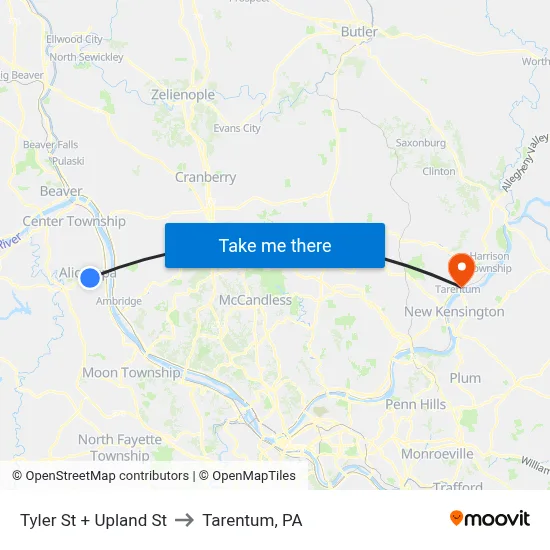 Tyler St + Upland St to Tarentum, PA map