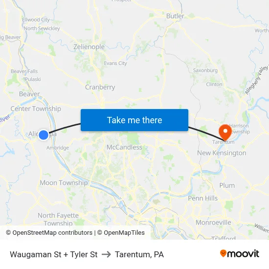 Waugaman St + Tyler St to Tarentum, PA map