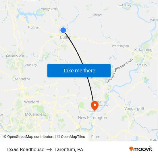 Texas Roadhouse to Tarentum, PA map