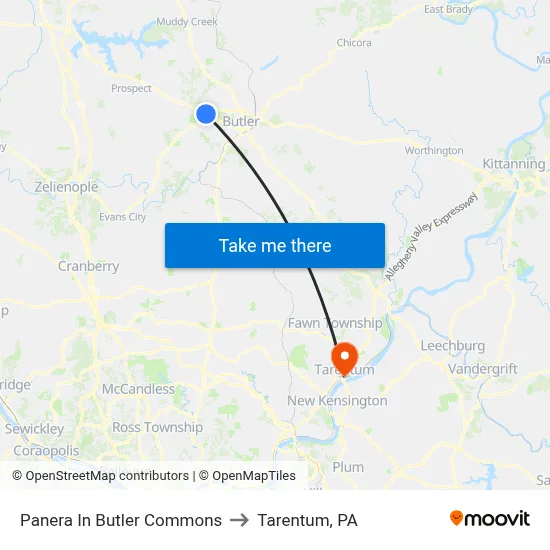 Panera In Butler Commons to Tarentum, PA map