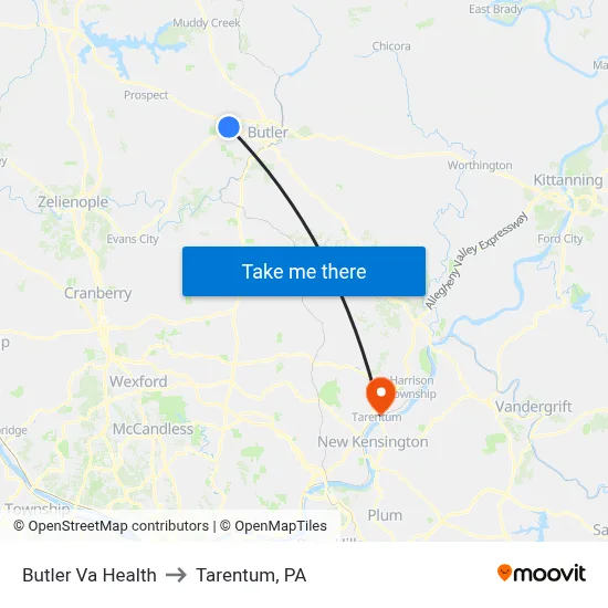 Butler Va Health to Tarentum, PA map