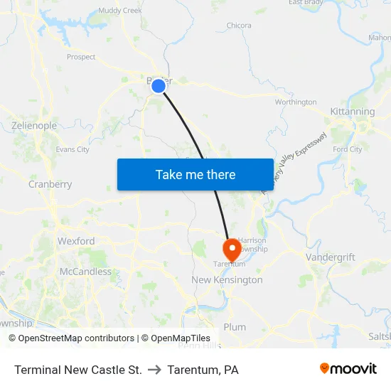 Terminal New Castle St. to Tarentum, PA map