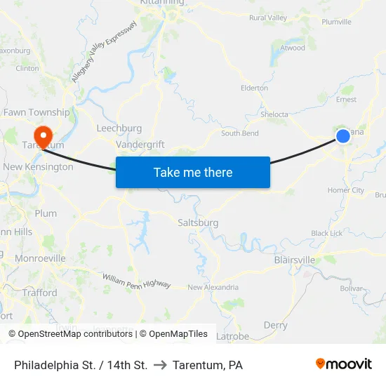 Philadelphia St. / 14th St. to Tarentum, PA map