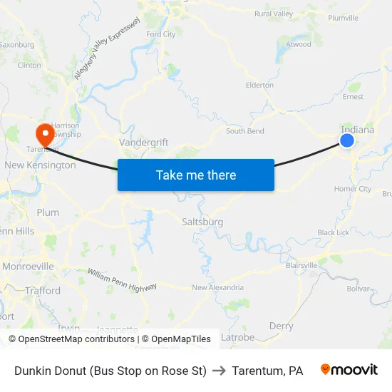 Dunkin Donut (Bus Stop on Rose St) to Tarentum, PA map