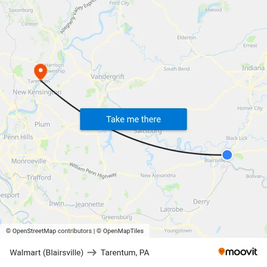 Walmart (Blairsville) to Tarentum, PA map