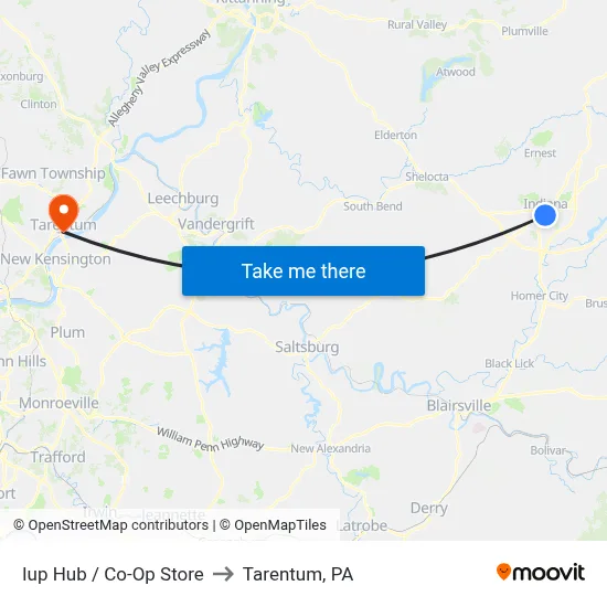 Iup Hub / Co-Op Store to Tarentum, PA map