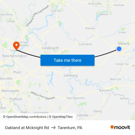 Oakland at Mcknight Rd to Tarentum, PA map