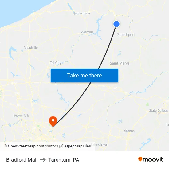 Bradford Mall to Tarentum, PA map