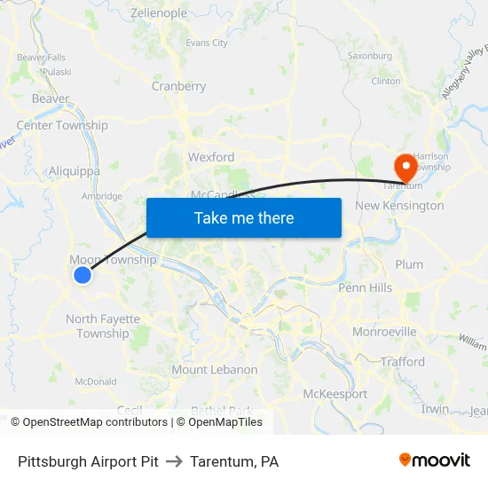 Pittsburgh Airport Pit to Tarentum, PA map