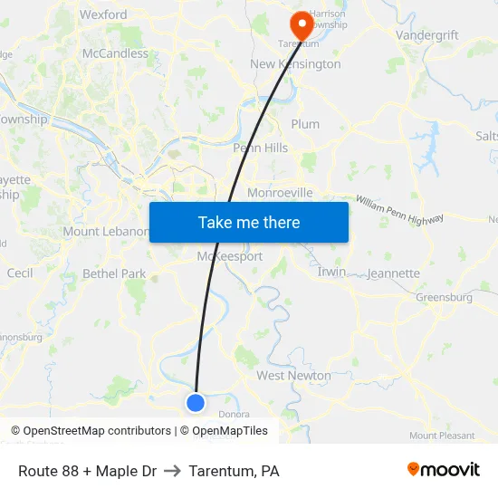 Route 88 + Maple Dr to Tarentum, PA map