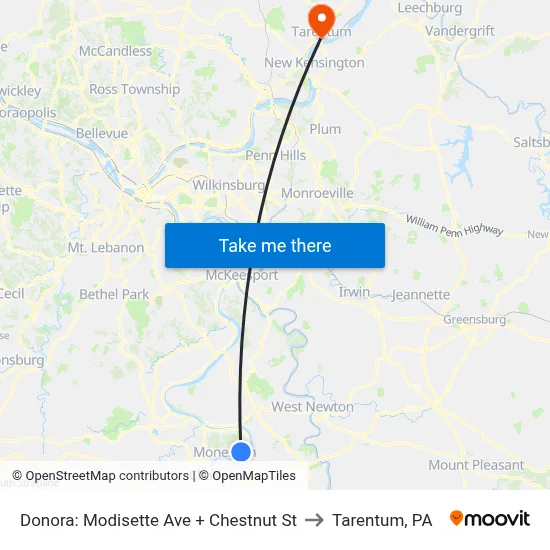 Donora: Modisette Ave + Chestnut St to Tarentum, PA map