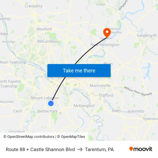 Route 88 + Castle Shannon Blvd to Tarentum, PA map