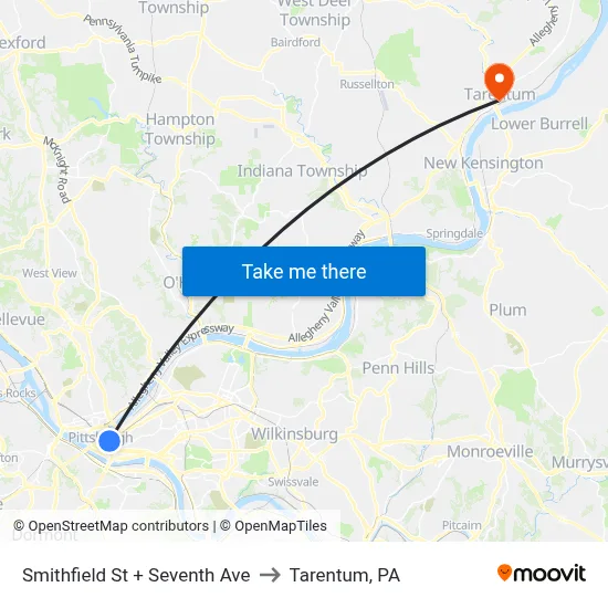 Smithfield St + Seventh Ave to Tarentum, PA map