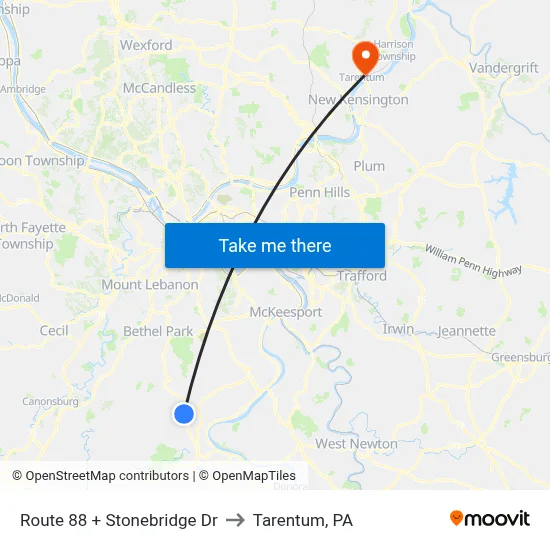 Route 88 + Stonebridge Dr to Tarentum, PA map