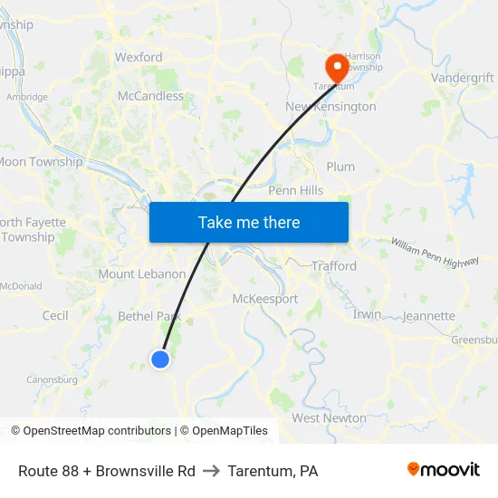 Route 88 + Brownsville Rd to Tarentum, PA map