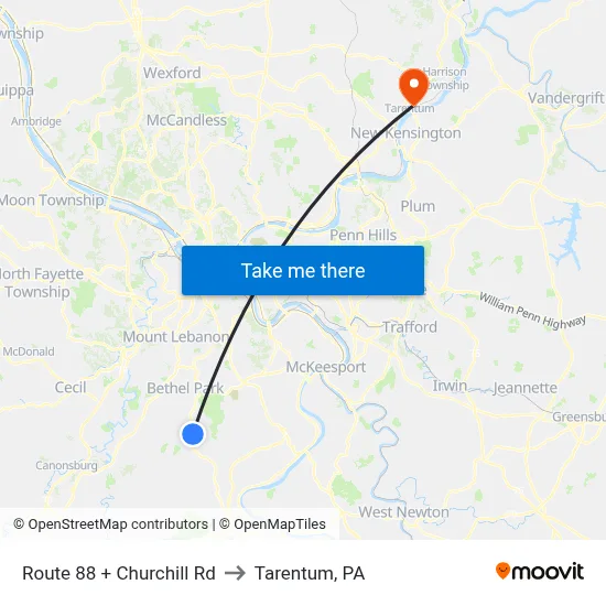Route 88 + Churchill Rd to Tarentum, PA map