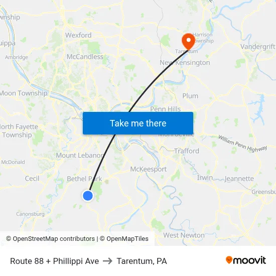 Route 88 + Phillippi Ave to Tarentum, PA map