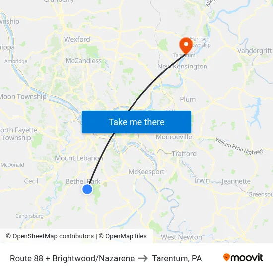 Route 88 + Brightwood/Nazarene to Tarentum, PA map