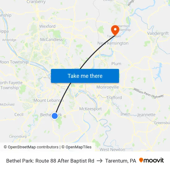 Bethel Park: Route 88 After Baptist Rd to Tarentum, PA map