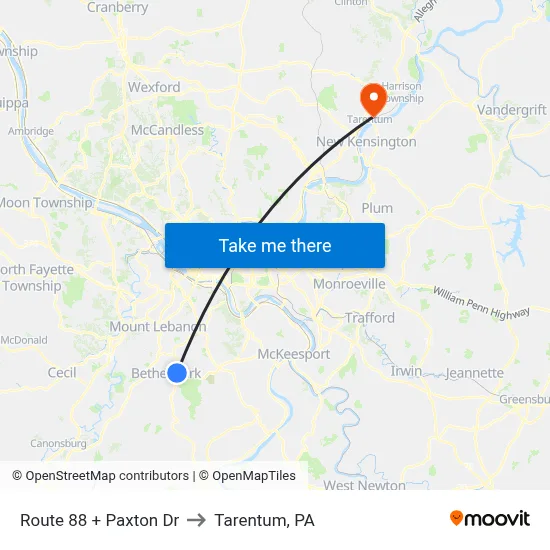 Route 88 + Paxton Dr to Tarentum, PA map