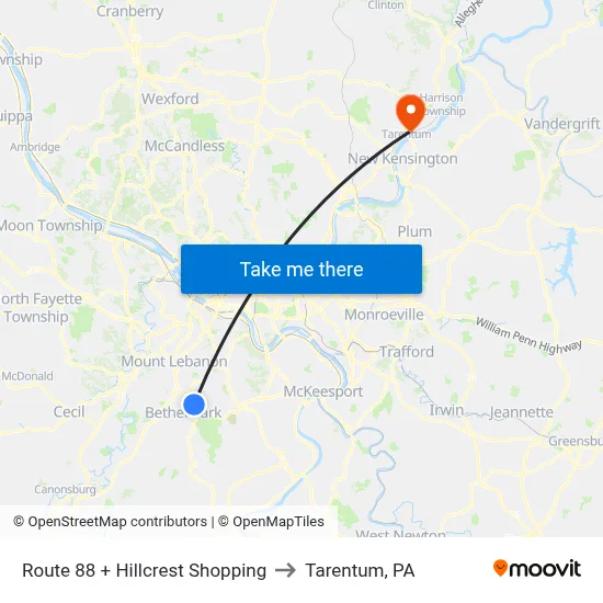 Route 88 + Hillcrest Shopping to Tarentum, PA map