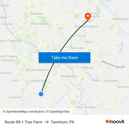 Route 88 + Trax Farm to Tarentum, PA map