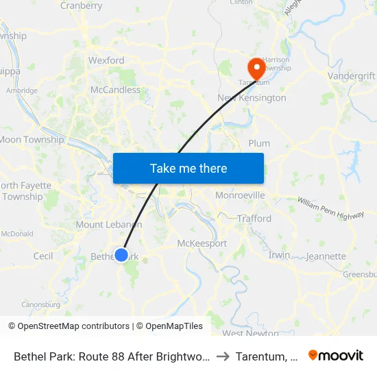 Bethel Park: Route 88 After Brightwood to Tarentum, PA map