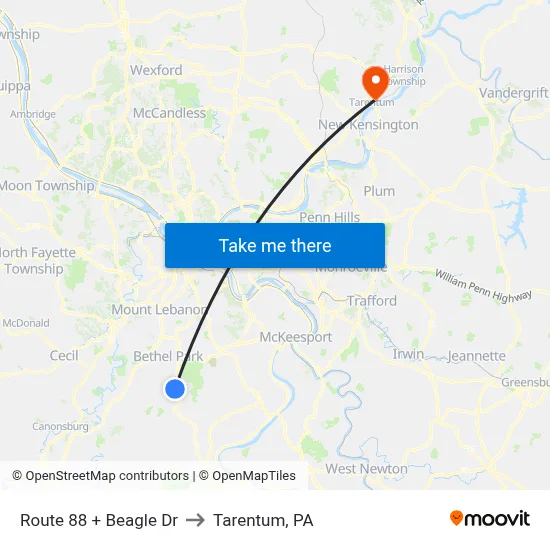Route 88 + Beagle  Dr to Tarentum, PA map